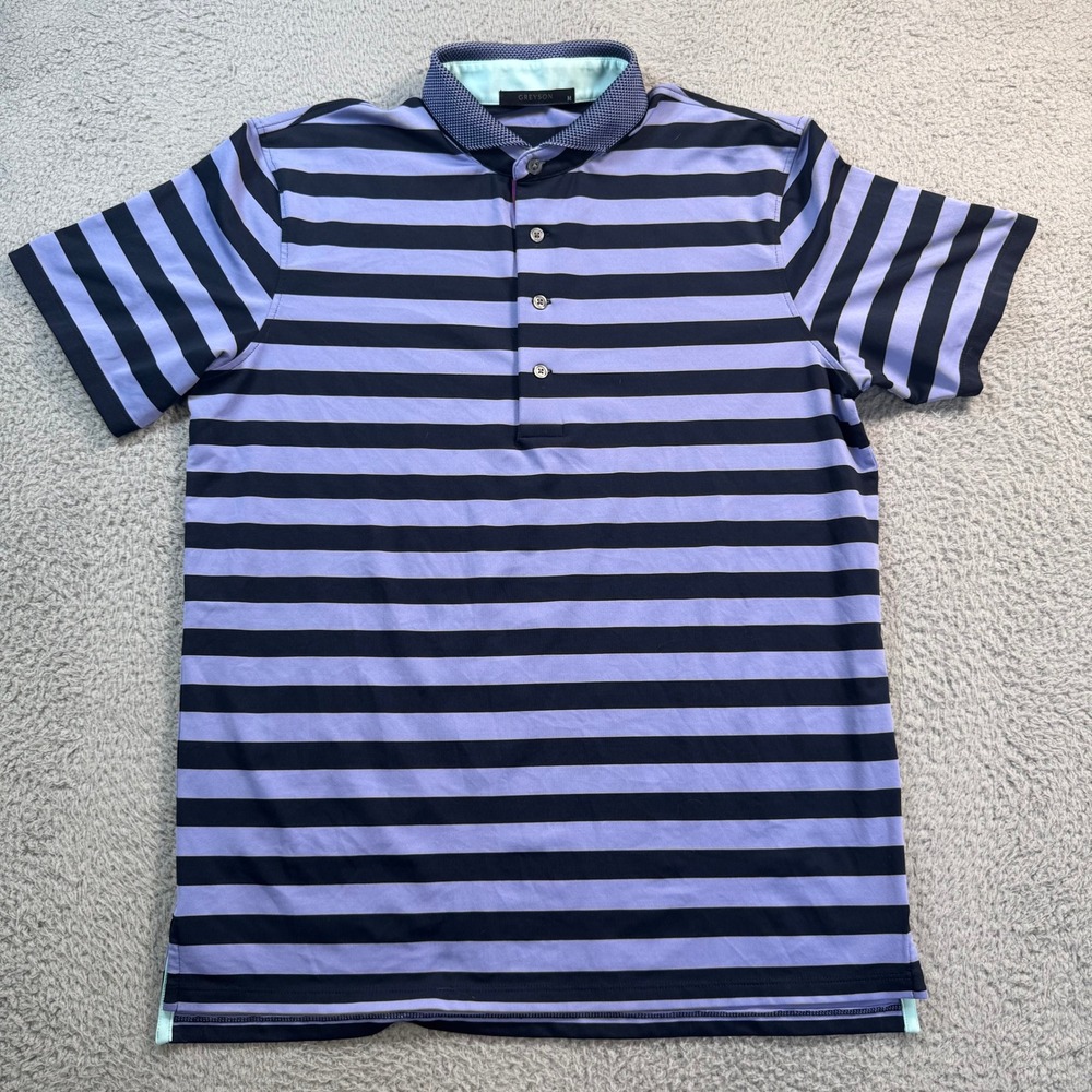 Greyson Mens Striped Performance Golf Polo Shirt Purple Navy Blue Size M 10631
